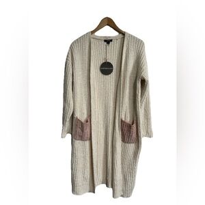 Women’s Medium Duster Open Front‎ Cardigan Color Block Pockets Soft Cozy Ivory